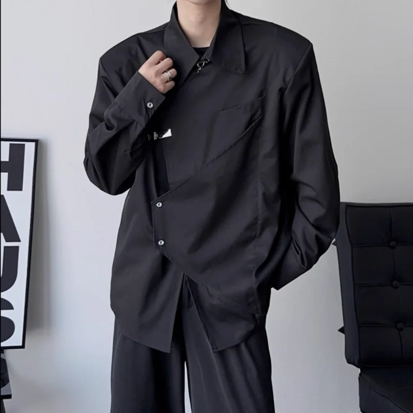 Black irregular shoulder pad shirt top 2023 spring men's and women's casual fashion solid color black long-sleeved shirt coat