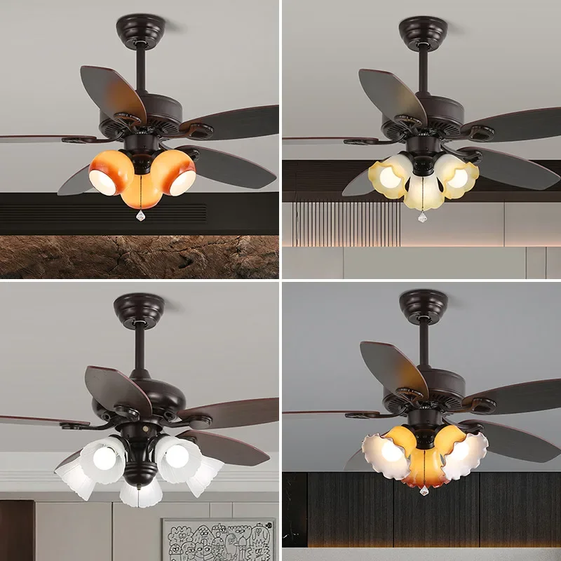 

TINNY European Luxury Fan Light American Retro LED Living Room Restaurant Bedroom Study Villa Cafe Remote Electric Fan Light