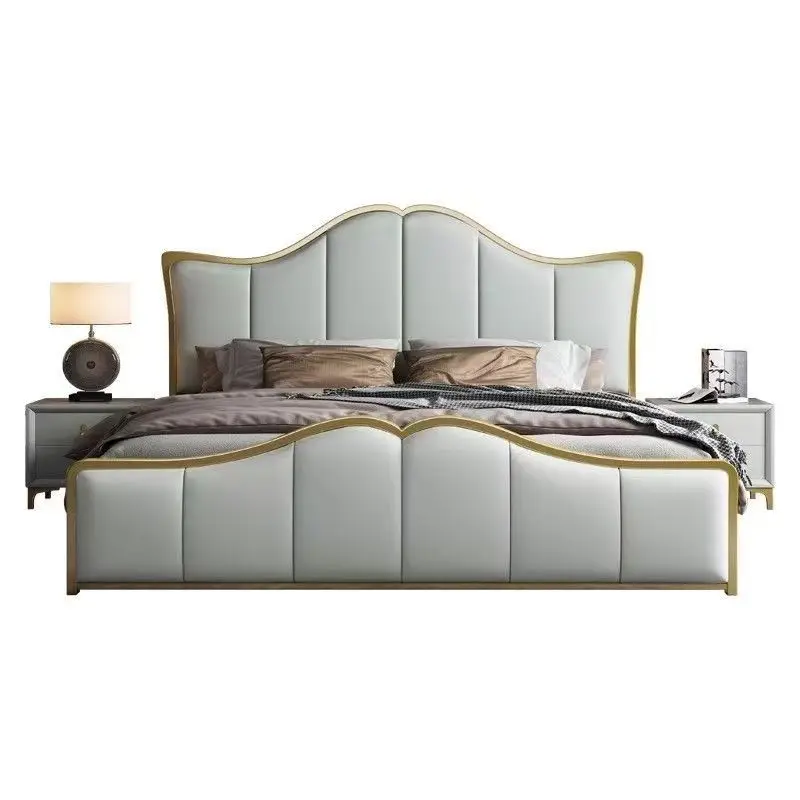 

&*2026 Cheap Italian Bed Marble Color King Size Double Genuine Leather Upholstered Bed With Nightstands
