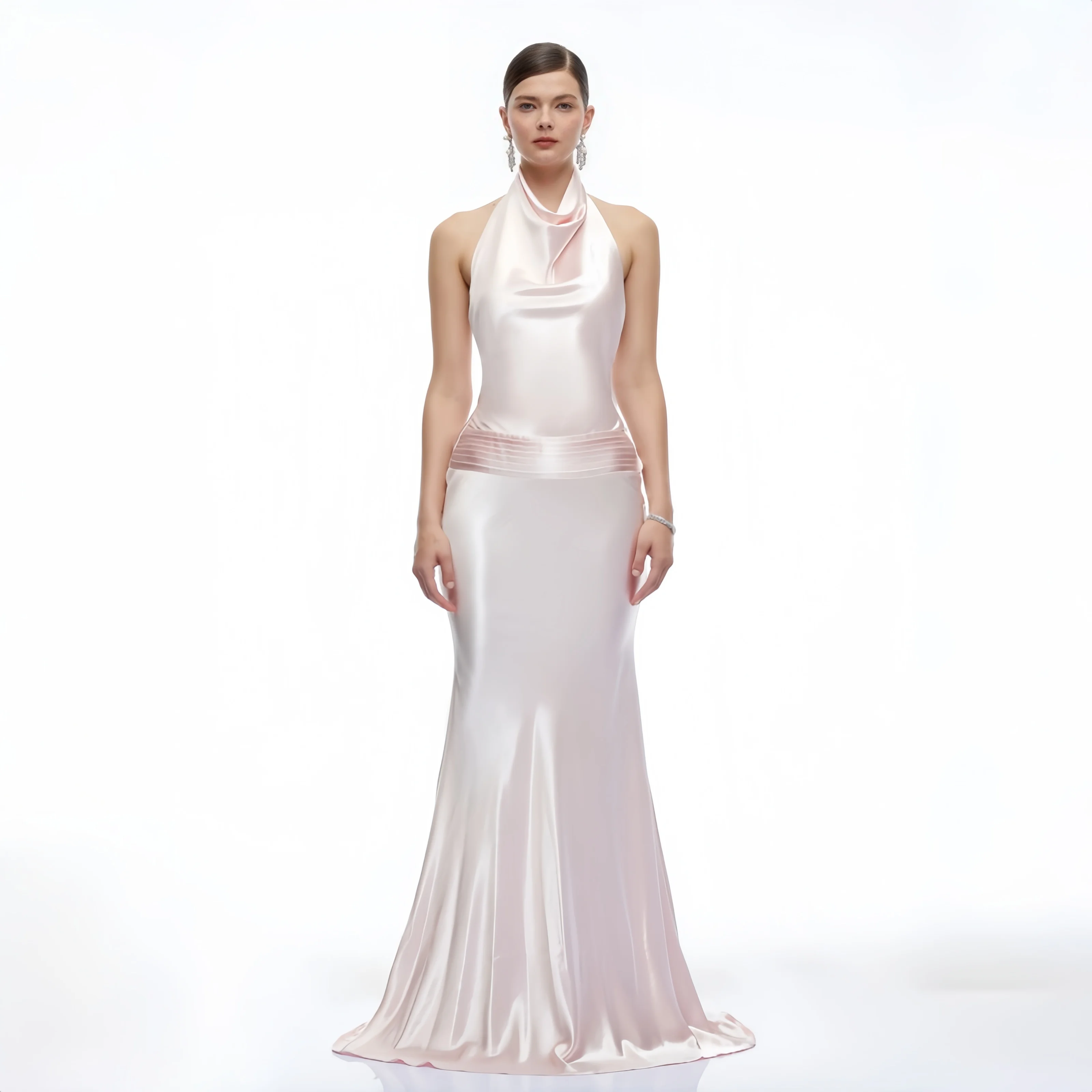 Blush Pink Halter Cowl Neck Satin Mermaid Long Evening Gown Sleeveless Deep Floor‑Length Maxi Dress  Formal Gala Homecoming