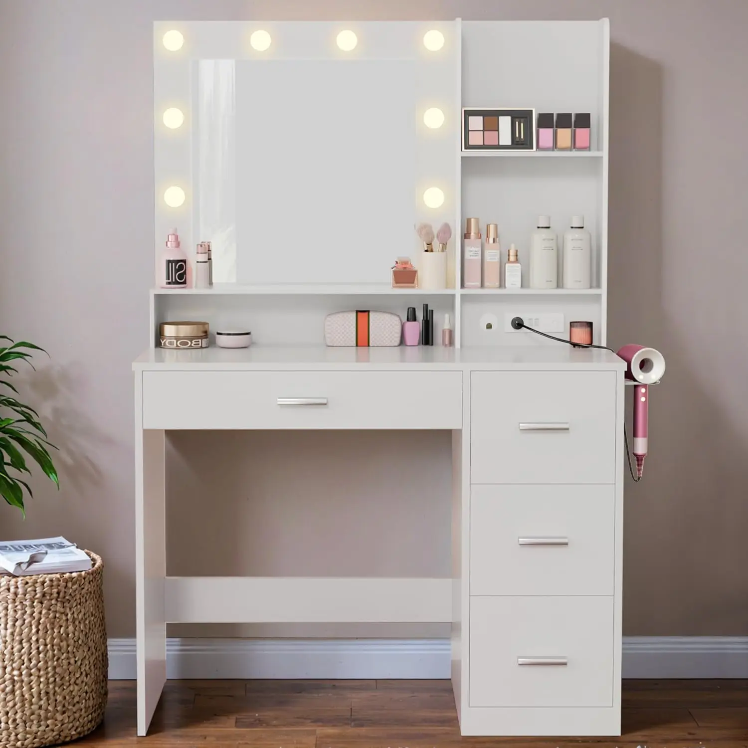 

Vanity Desk with LED Lighted Mirror&Power Outlet, 39.3’’ Makeup Vanity Table with 4 Drawers and 3 Storage Shelves for Bedroom