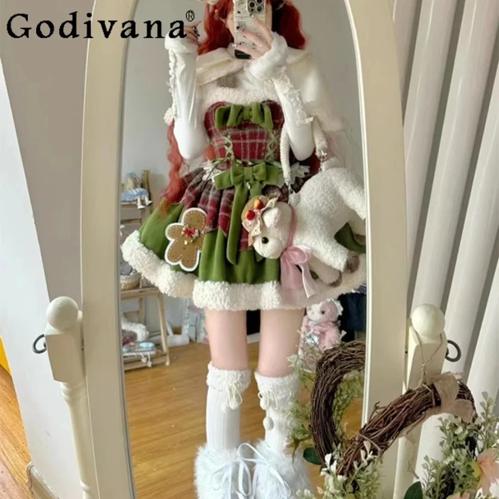 

Autumn and Winter Sweet and Cute Lolita Dress Christmas Wool Lamb Splicing Cape Jacket Tutu Skirt Set Dress for Women