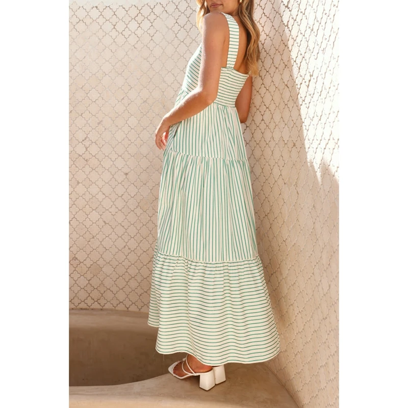 Combhasaki Donna Estate Senza Maniche Casual Stampa a Righe Smocked Orlo Increspato Flowy Party Beach Clubwear A-Line Canotta Abito Lungo