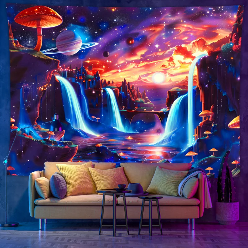 VIKAMA Schwarzlicht Psychedelischer Wandteppich Weltraum-Pilz UV-Reaktiver Wandbehang Trippy Raumdekoration
