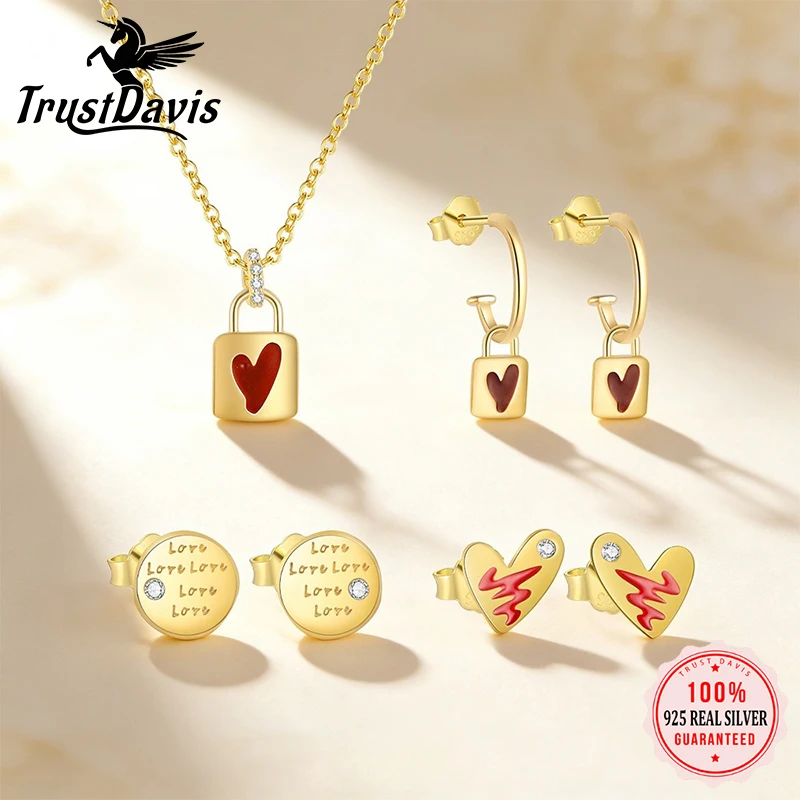 Trustdavis Echt 925 Silber, modische, schlichte Herzschloss-/Blitz-Herz-Ohrringe für Frauen, für den täglichen Gebrauch, Schmuck, Geschenk, DS4847
