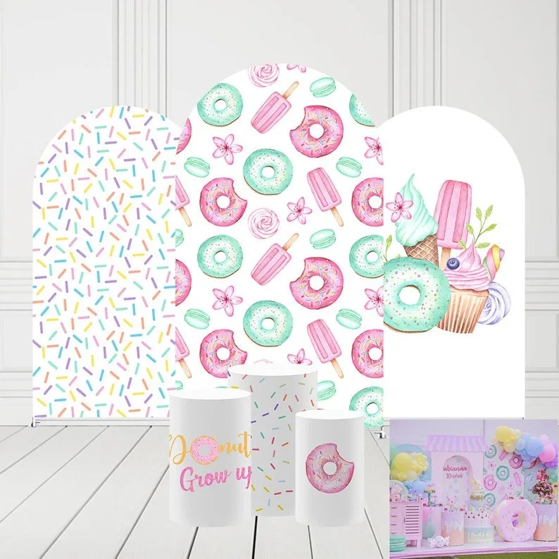 

AIBIIN Arch Backdrop Covers for Sweet Donuts Birthday Party Pedestal Cylinder Pillars Cover Baby Shower Ice Cream Party