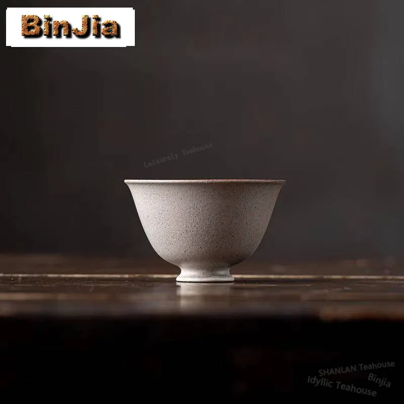 2pc/set Retro Gray Coarse Pottery Teacup Chinese High Foot Cup Single Master Cup Meditation Cup Household Kung Fu Tea Set 55ml