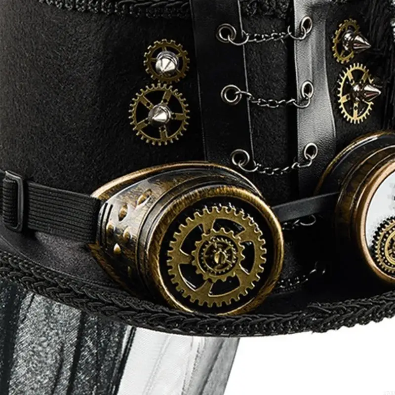 270D Gothic Metal Gear Hat Costume Accessory With Goggles and Rose Flower Long Veil Magicians Tall Hat for Theme Event