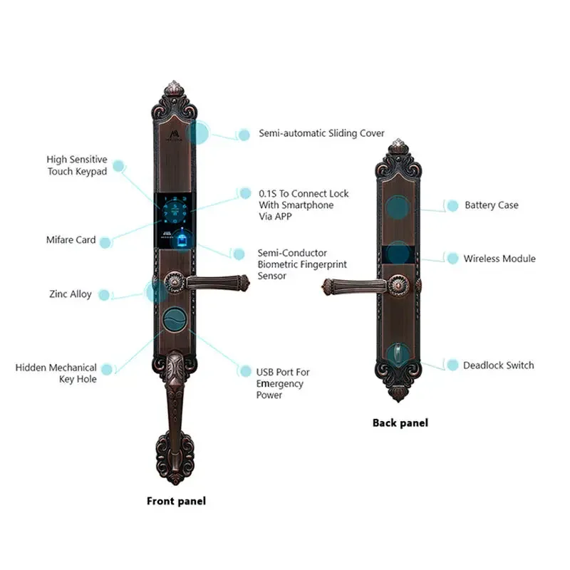 003 Manor Residential Elektrisches Türschloss Schiebeabdeckung Bronze Smart Home Elektrische APP Fingerabdruck Riegel Smart Lock
