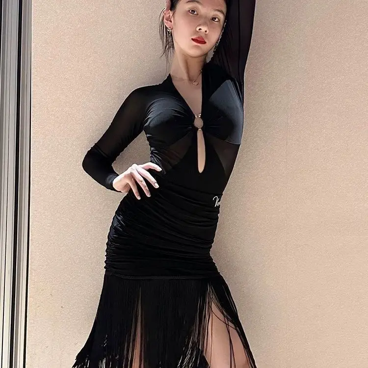 

[Deep V-ring Buckle]Vini Latin Dance Dress Long Sleeve Tassel V-neck Dance Dress High End Female Adult Top Split Practice Dress
