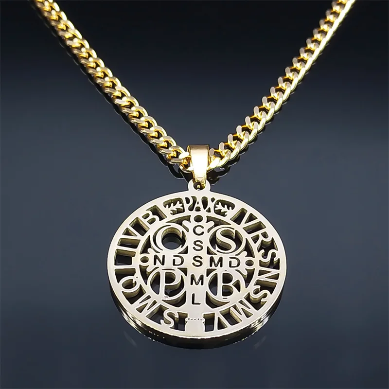 قلادة من الفولاذ المقاوم للصدأ للرجال والنساء ، القديس بنديكت ، المجوهرات الدينية ، سان بينيتو ، الهيب هوب ، N7437S05