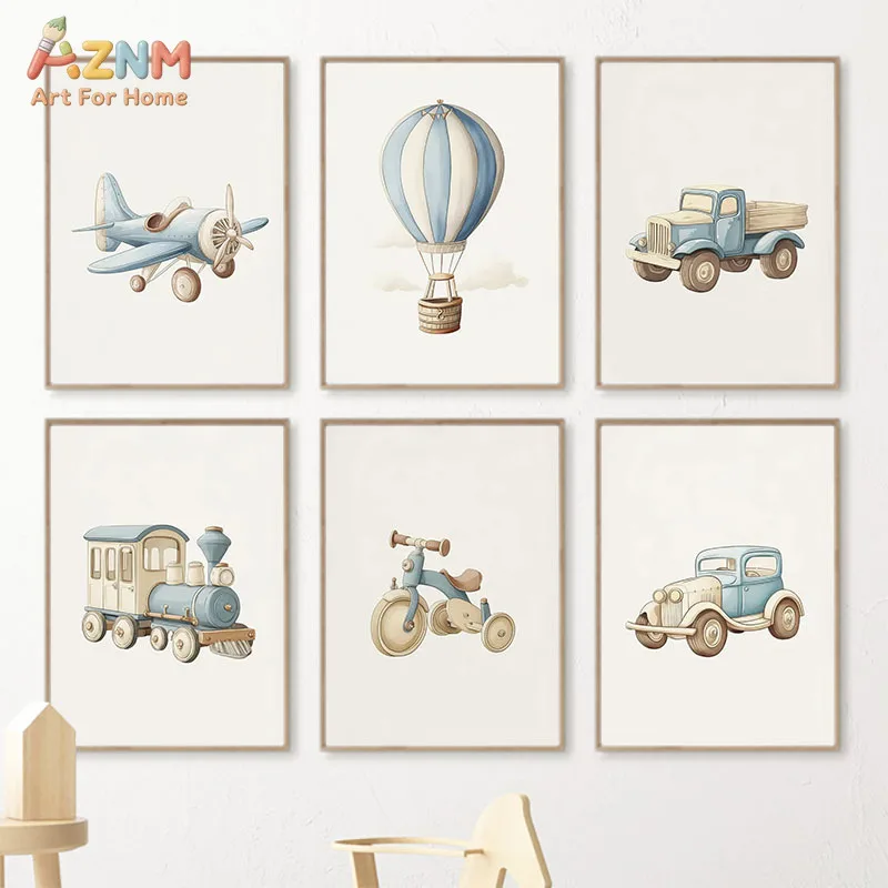 AZNM Soft Blue Vintage Transport Canvas Print Airplane Train Car Hot Air Balloon Tricycle Retro Boys Nursery Unframed Wall Poste