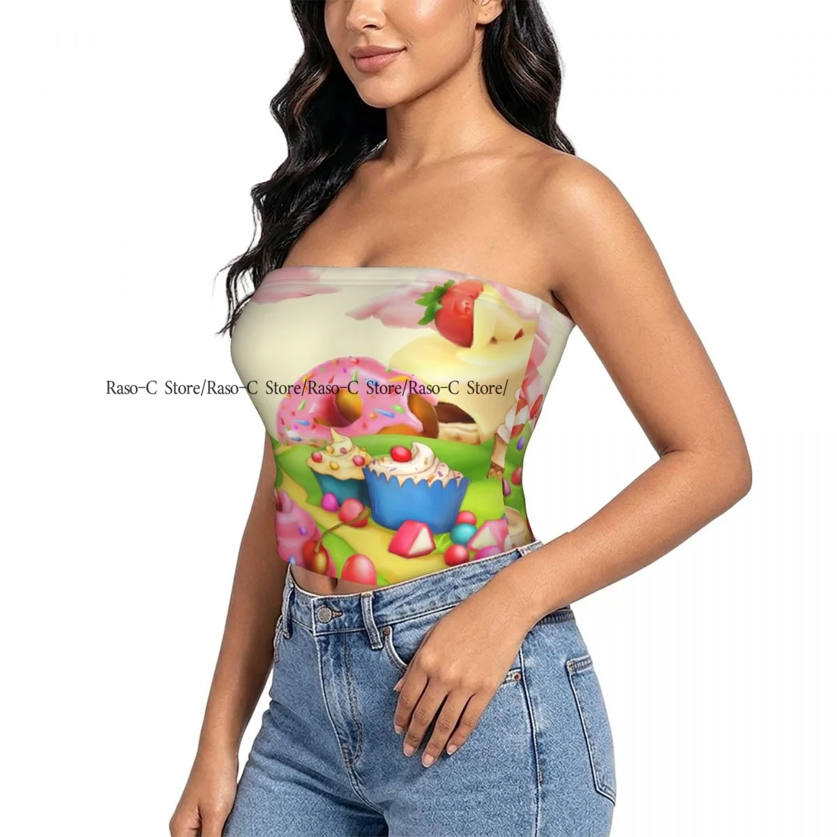 Strapless Tube Tops Outfits Women Backless Shoulder Wrap Yummy Donuts Land Cupcakes Ice Cream Candy Clouds Print Female Crop Top