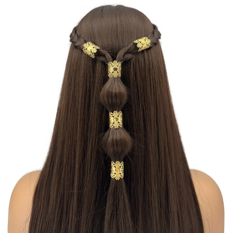 Boho Gold Dreadlock Hair Hoops 5Pcs Hollow Vintage Pattern Metal for Extensions DIY Wedding Birthday Festival Daily Non Slip