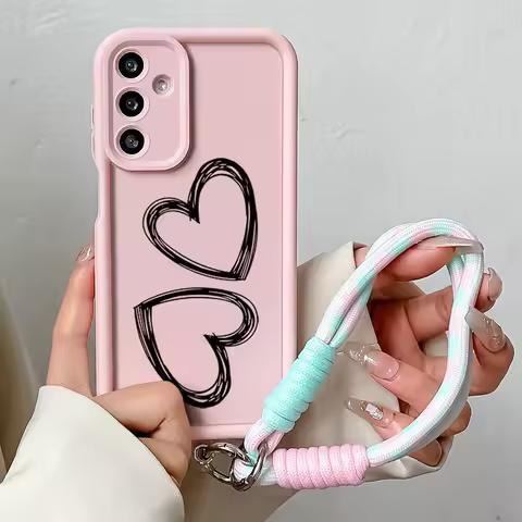 Wrist Chain Hang Strap Case for Samsung S24 S23 S22 S21 Plus Ultra S20 FE A50 05 10 11 03 30 20 Love Heart Lanyard Phone Cover