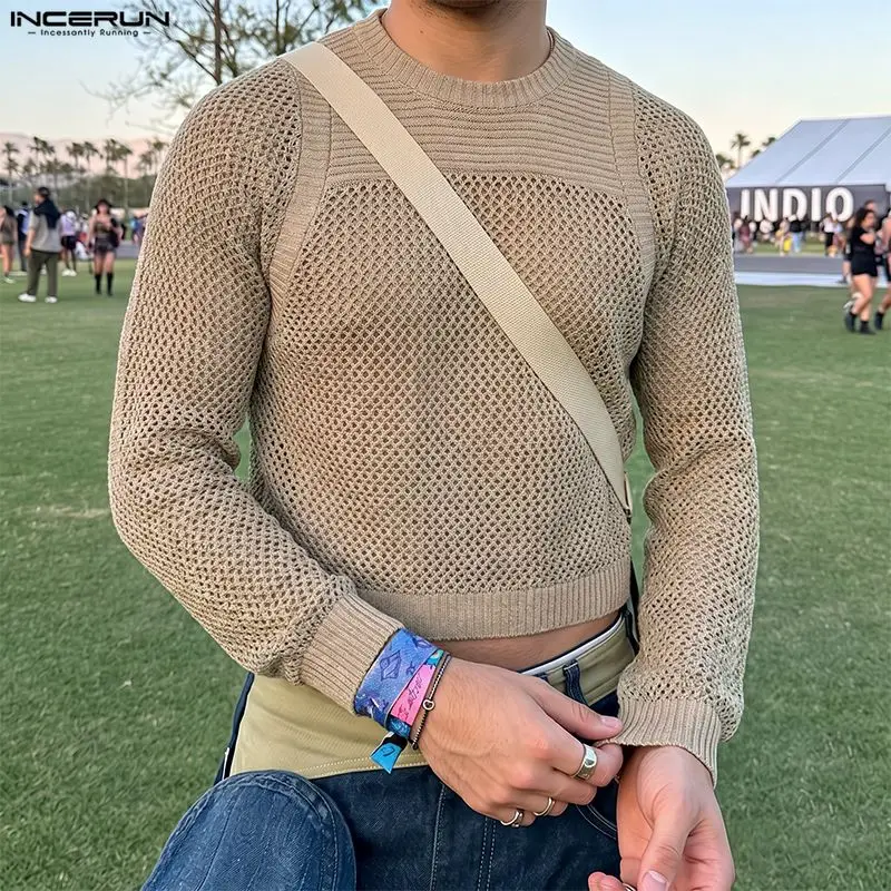 INCERUN Men's T Shirt Mesh Knitted Patchwork Hollow Out See Through Long Sleeve Tee Tops For Man Streetwear Fashion Men Clothes