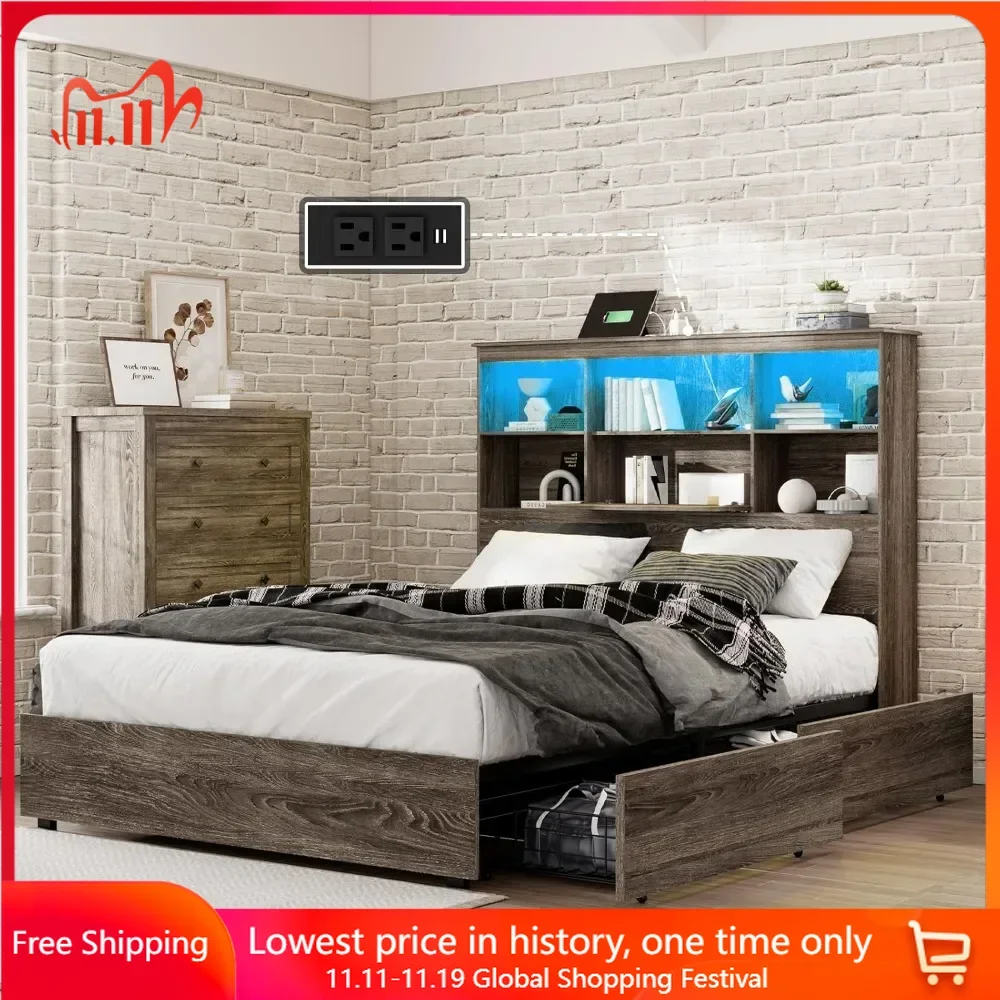 

Queen Bed Frame with LED Bookcase Headboard, Wooden Storage Bed with Charging Station & 4 Drawers, Bed Frame