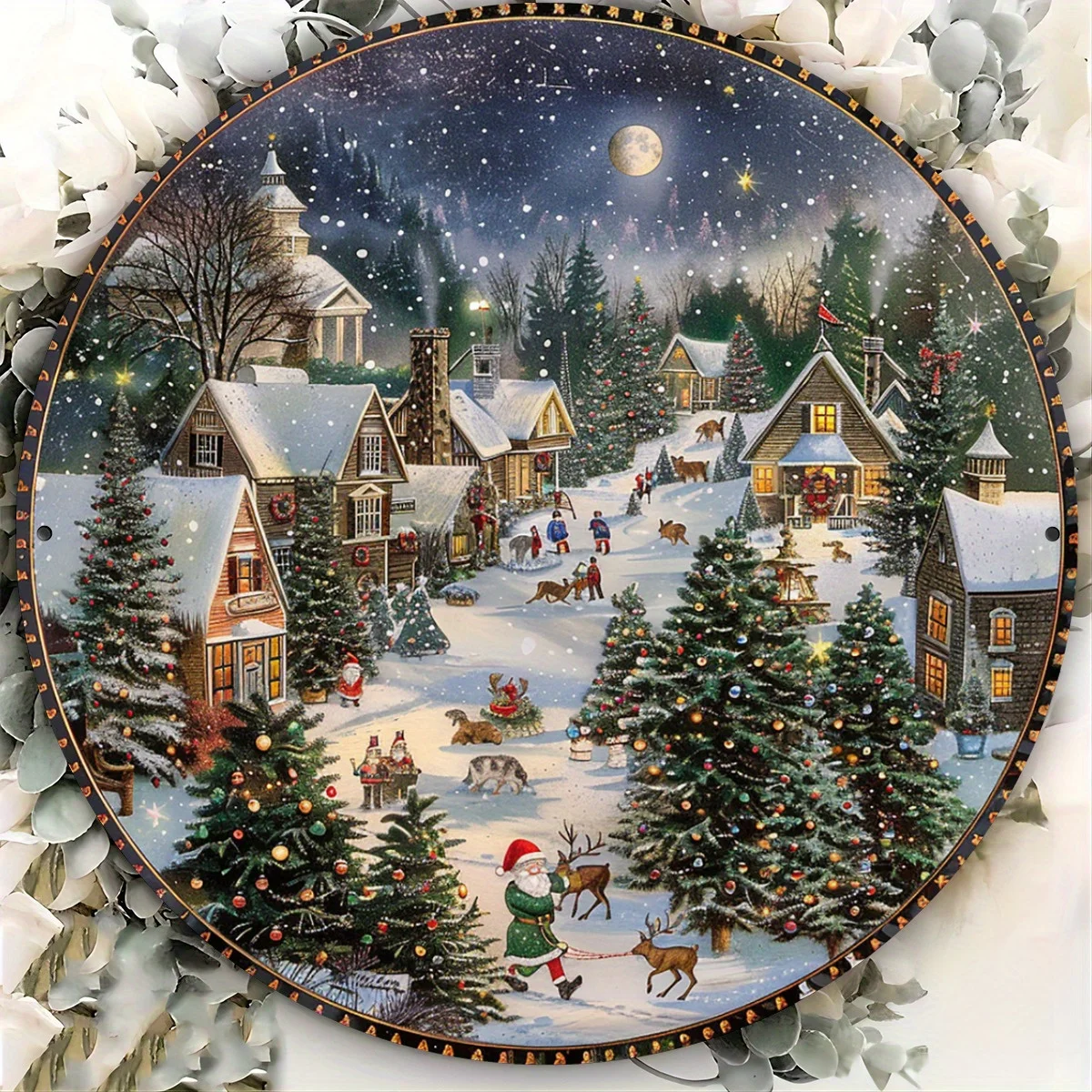 2D Flat, 1pc Christmas Village Metal Wall Sign - 20.32cm Round Iron Holiday Decor with Santa, Reindeer & Snowy Scene, No Electri