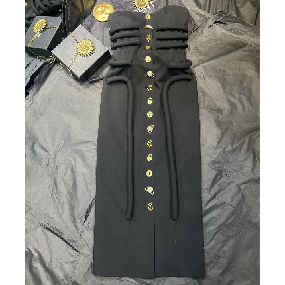 2025 Summer Women's Sexy Strapless Dress Knitwear Metal Buckle Corset Elegant Ladies' Dress Y2K New High-Quality Party Robe bra