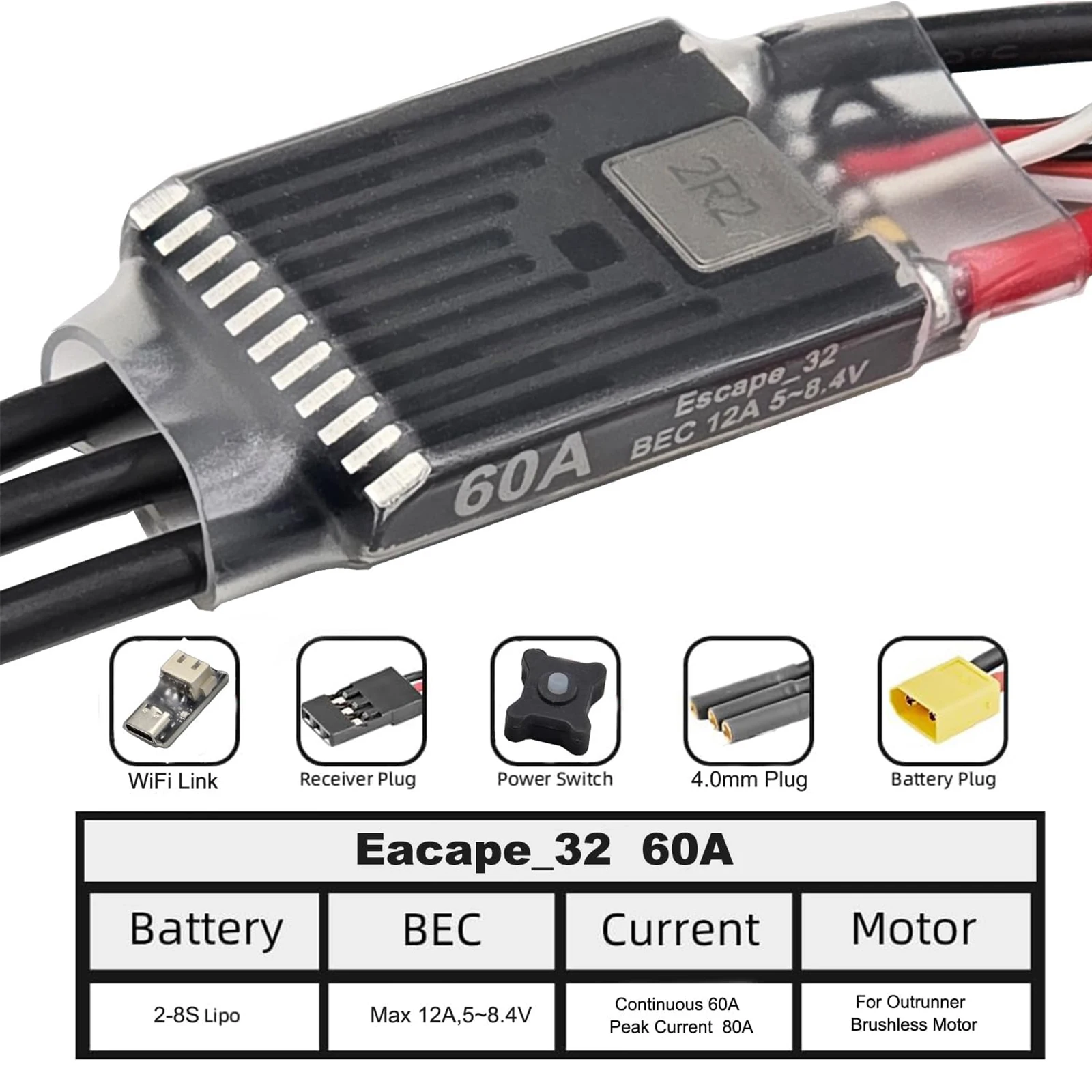 Ghost Brushless ESC 60A ESC with 12A Adjustable BEC 8.4V for 1/10 RC Crawler Axial SCX10 TRX-4 with ESCape32 WiFi-Link view 2