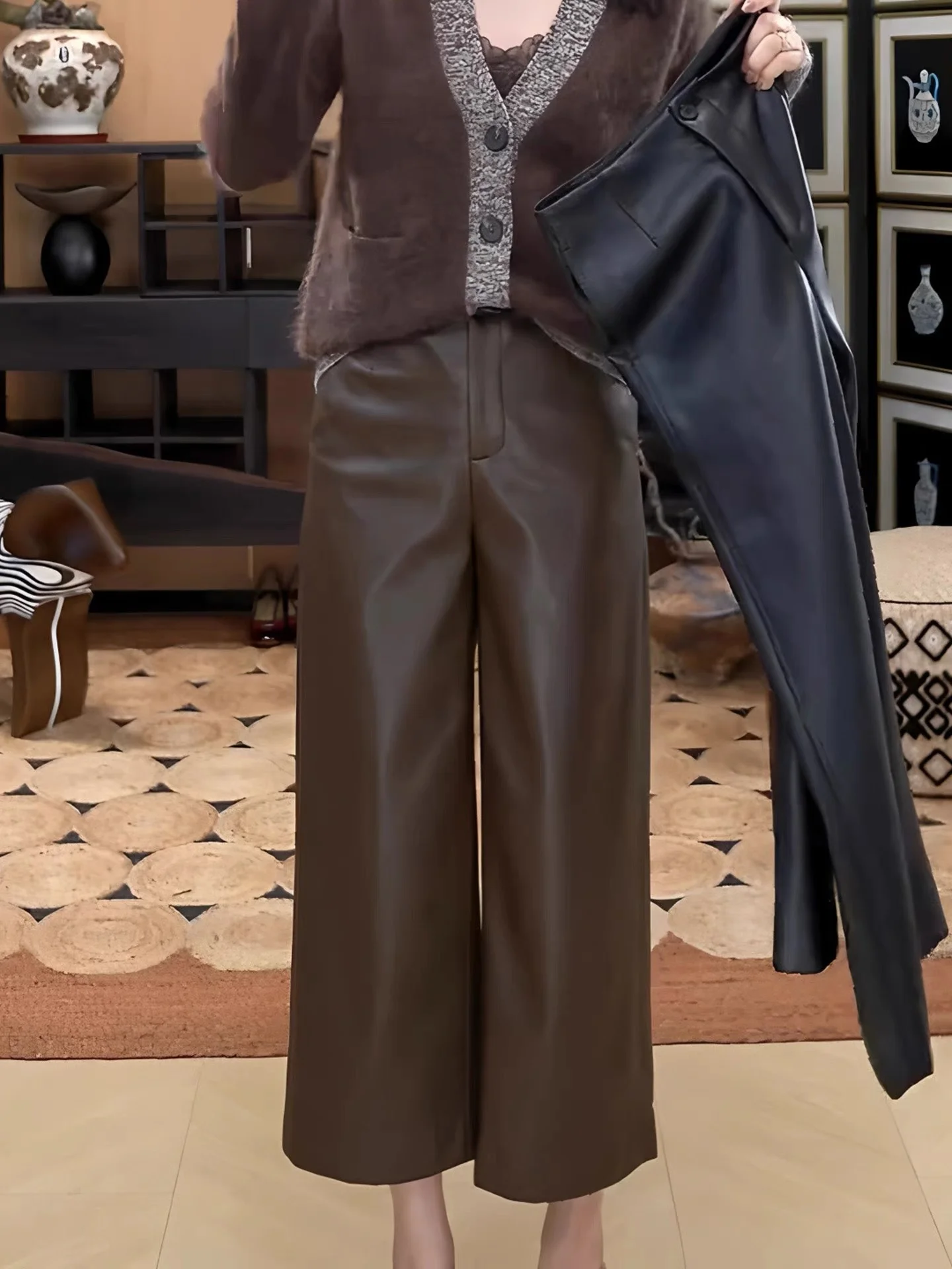 

Chic Casual Leather Straight Leg Pants Women's Faion 2025 New Sle Age-Defng Nine-Piece High Waist Button Closure Soft C...