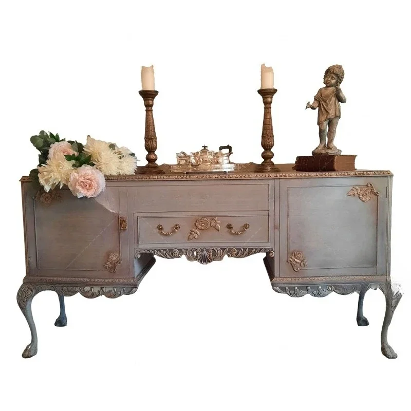 French retro solid wood carving flower porch cabinet small apartment living room decorative cabinet household wall locker