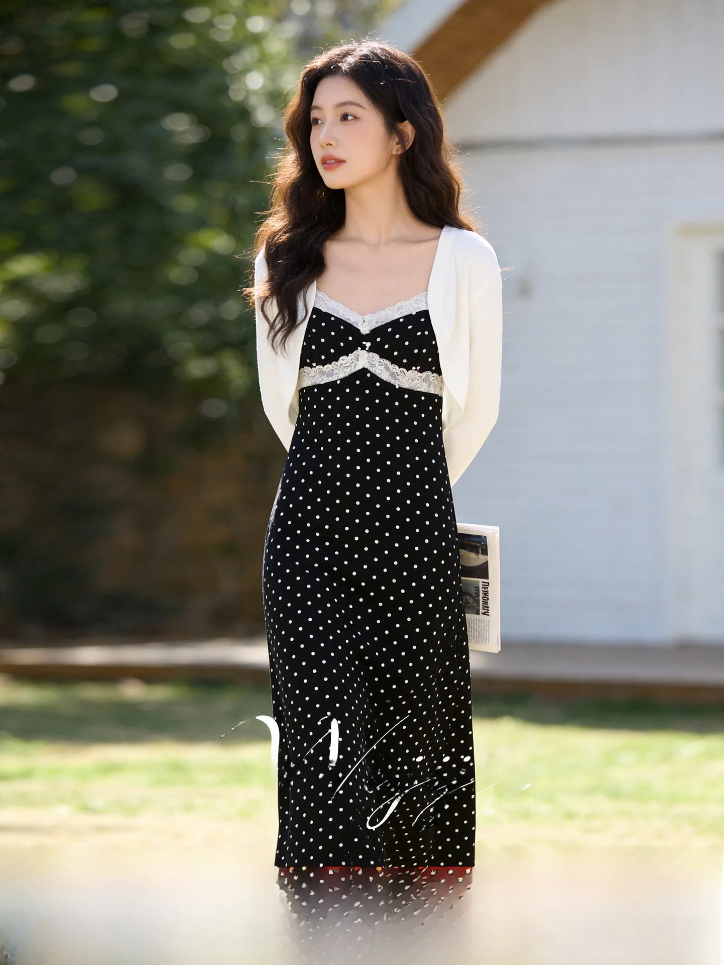 

plus Size Slimming Women's Suit Spring Commute Long Sleeve Polka Dot Halter Dress Set Fashionable Polyester Universal Fit