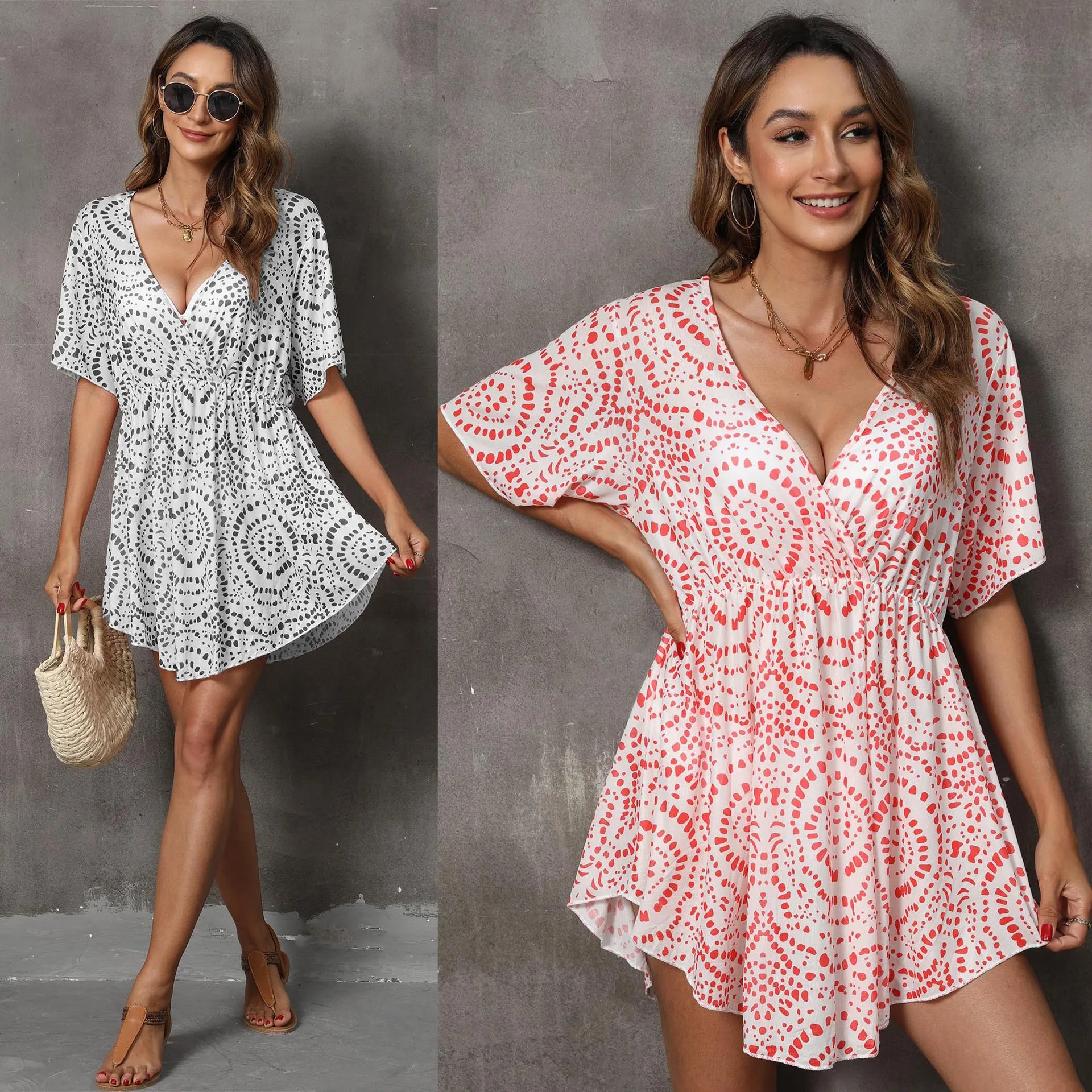 

Vacation cover-up deep V-neck sexy cross beach cover-up women's polka dot print dress 2024 new