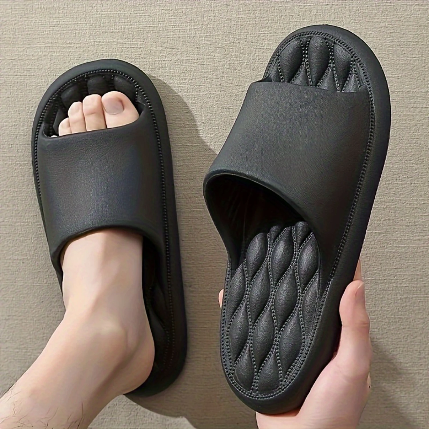 Plus Size Men's Non-Slip Slides for Indoor Walking and Shower - Quick-Drying Open Toe Slippers with Solid Design