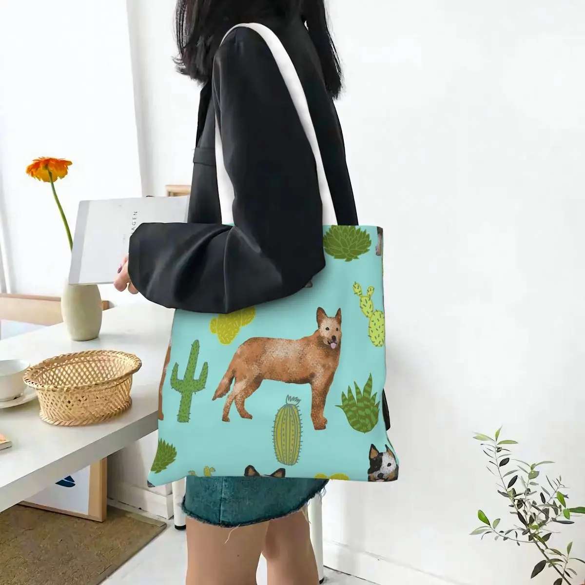Australian Cattle Dog And Cactus  Shopping Bags Canvas The Tote Bag Foldable for Women Shoulder Tote Travel Handbag
