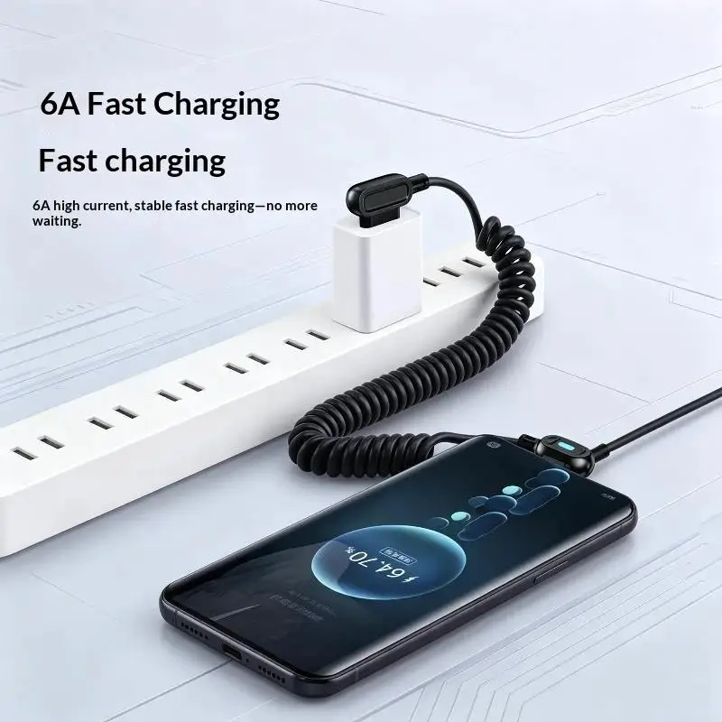 120W Retractable Coiled USB Type C Cables 6A Quick Charging Data Cord 90 Degree Elbow Spring Type-C Car Cable