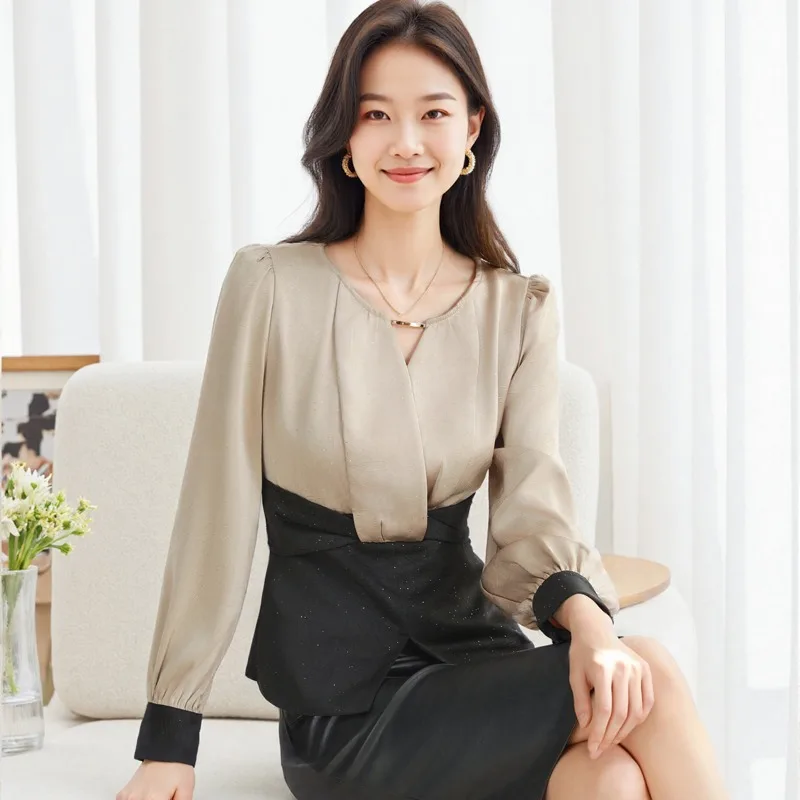 

Офисные женские блузки, лоскутные винтажные рубашки, модная свободная летняя одежда, женские топы с длинными рукавами и круглым вырезом