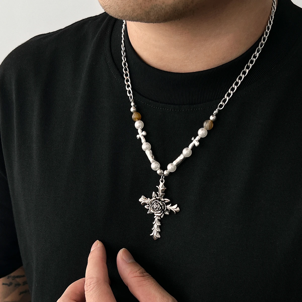 SHIXIN Vintage Big Rose Flower Cross Pendant Necklace for Men New Trendy Imitation Pearl Beads Necklace Male Jewelry on the Neck