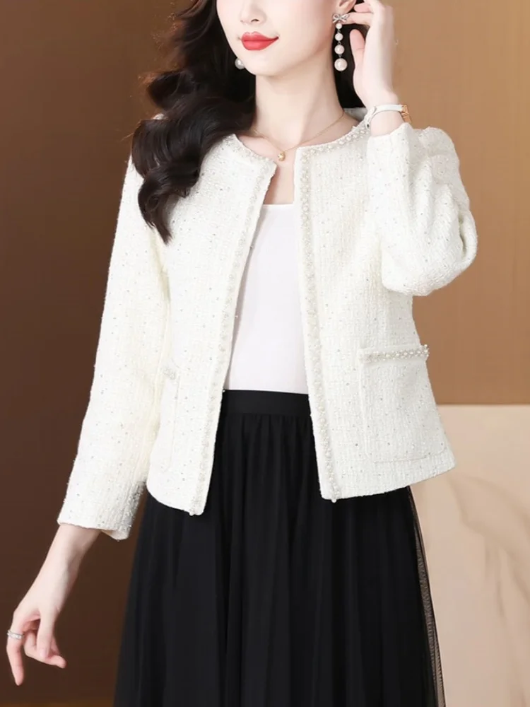 

Spring Autumn New Korean Style White Cropped Tweed Jacket Elegant Luxury Beaded Sequin Socialite Coarse Tweed Cropped Jacket