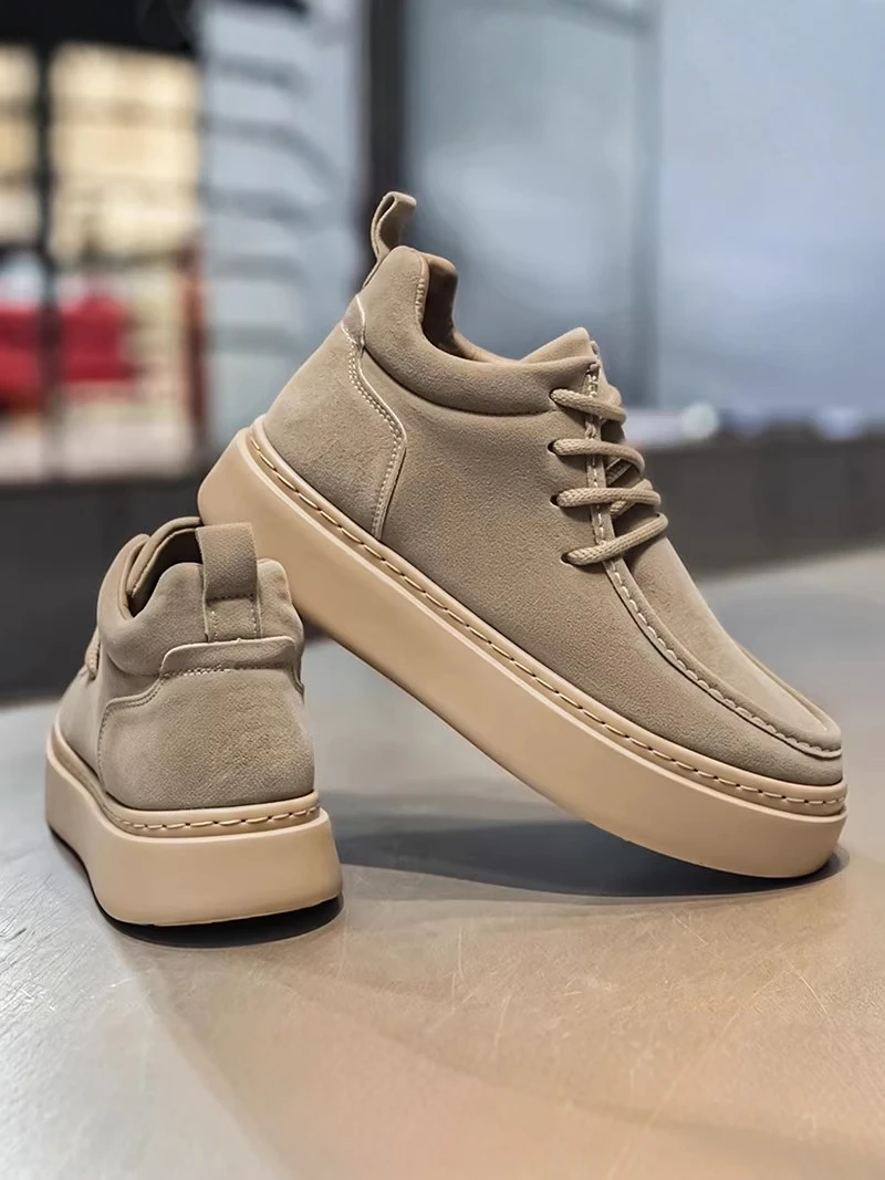 

Casual High-Top Boots Men's Retro Faux Suede Workwear Thick Bottom Leisure Shoes round Toe Low Heel PU Material