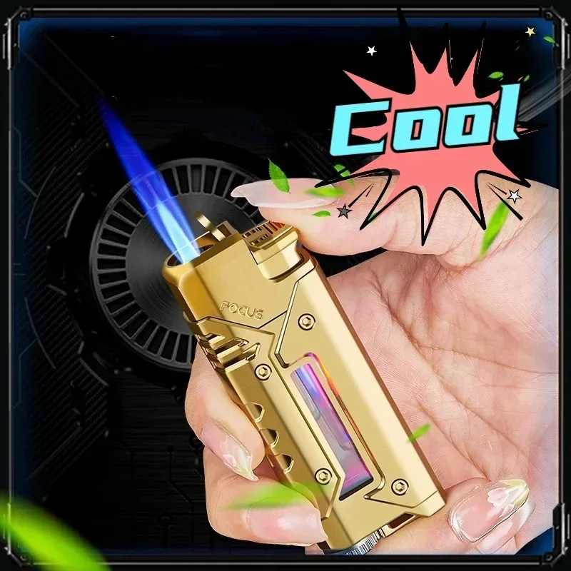 New Metal Jet Blue Flame Gas Lighter with Visual Gas Chamber LED Color Light Windproof Portable Lighter for Men's Gift Tool