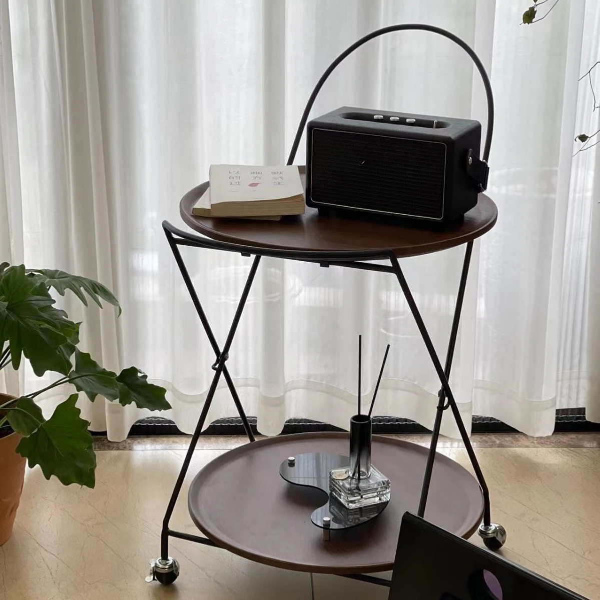 Storage rack, living room, sofa side, double-layer movable medieval wood tray trolley