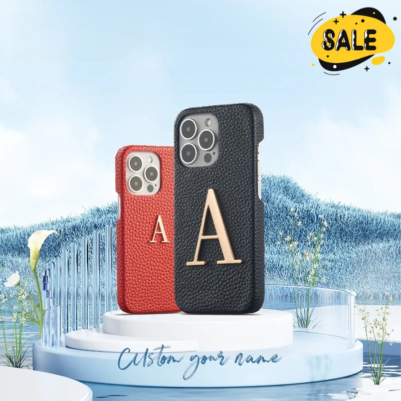 

Customized Initials Name Metal Letter Genuine Leather Phone Case for IPhone 15 14 13 Pro Max 15 14 Plus Protector Cover