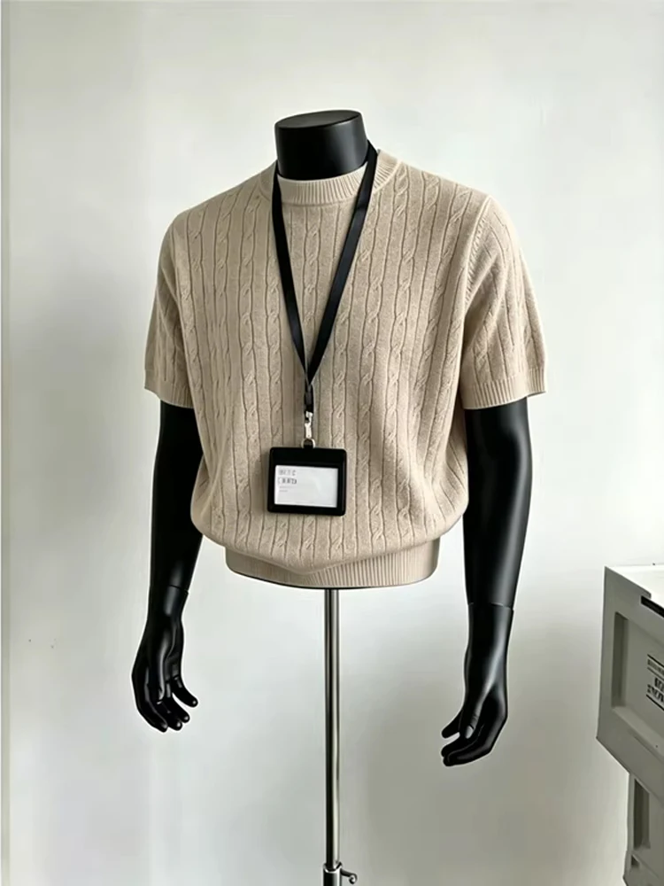 Khaki Knitted Short Sleeve Men's T-shirt Cleanfit Style Summer Fashion Heavyweight Casual Wear Straight Cut Loose Fit round Neck