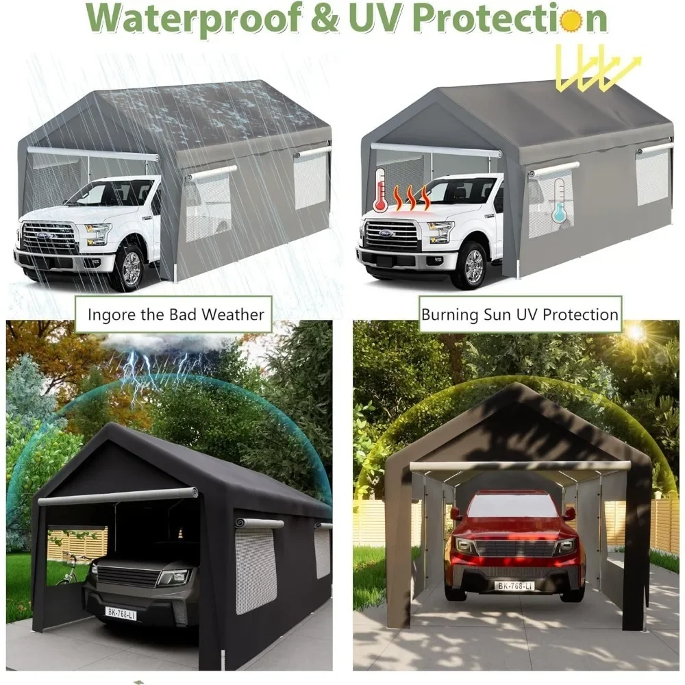 10x20ft Carport Garage with Mesh Windows, Removable Sidewalls, UV Resistant Waterproof All-Season Tarp, Portable Carport Garage