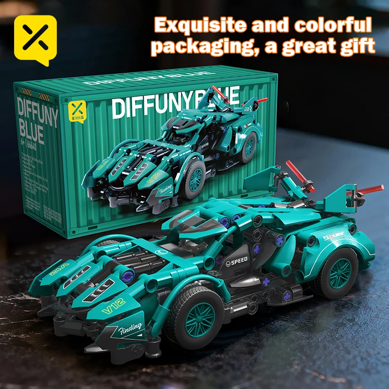 313 Elementów Konstrukcyjnych Supercar, Zestaw Klocków o Wysokiej Detali, Turkusowy Samochód Wyścigowy, Model Edukacyjny DIY dla Dzieci