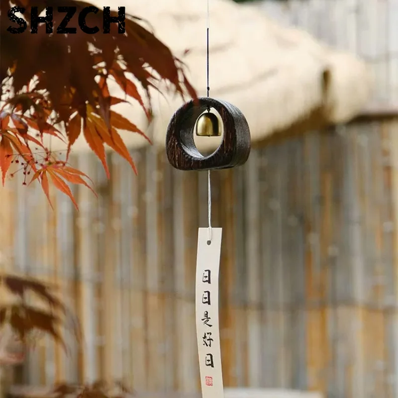 Japanese Solid Wood Brass Wind Chime Rustic Hanging Bell for Garden Creative Fresh Decoration for Study Festival Ornaments