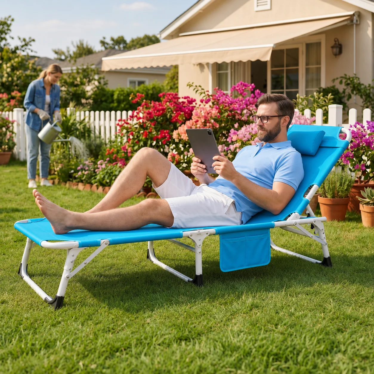 Outdoor Tanning Lounge Chair Folding Chaise with Face Hole Portable Reclining Beach Chair for Pool Patio Camping Sunbathing with Pillow and Storage Pocket