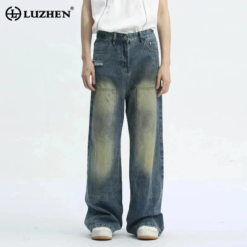 

LUZHEN Male New Casual Jeans Zipper Trendy Patchwork Pocket Denim Pants 2024 Fashion Men's Wide Leg Trousers Hole Summer 9C5420