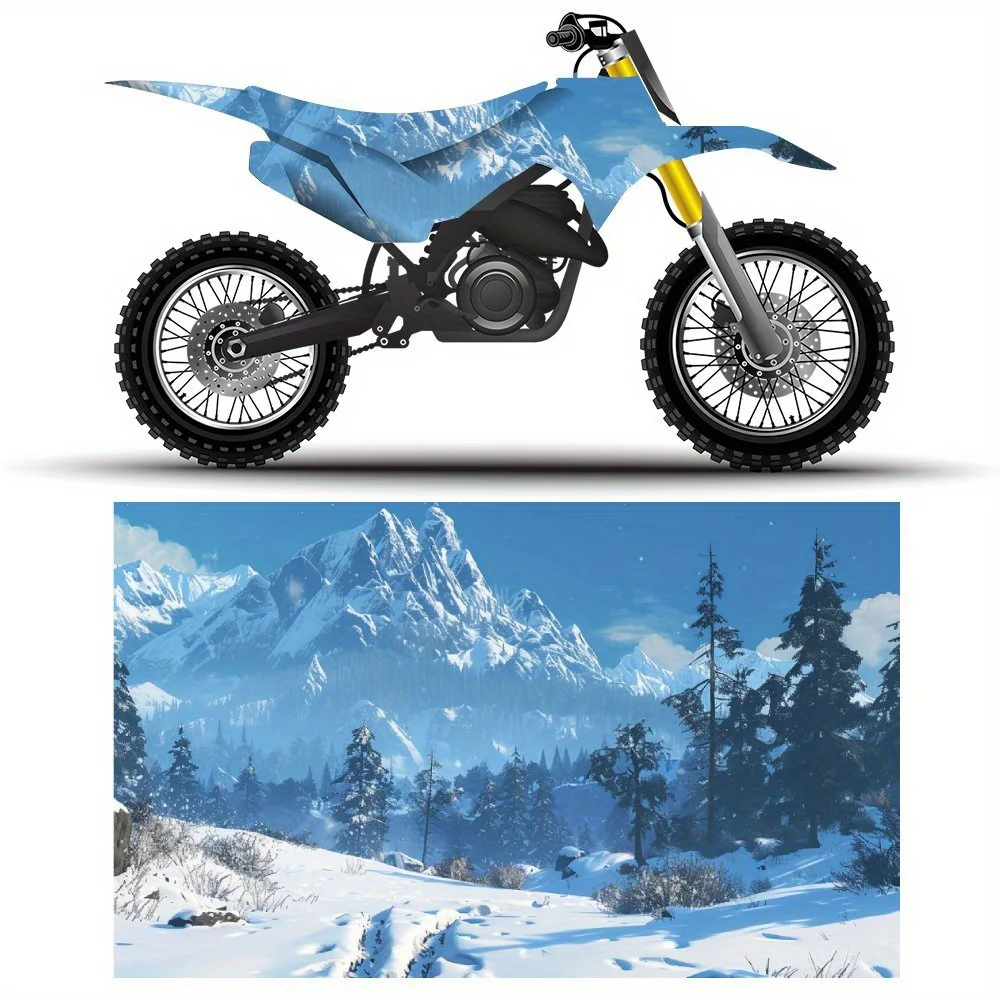 

Snowy Forest Trail, Towering Pine Trees, Majestic Alpine Peaks，Motorcycle Vinyl Wraps Stickers, Splash Proof Decals, Removable A