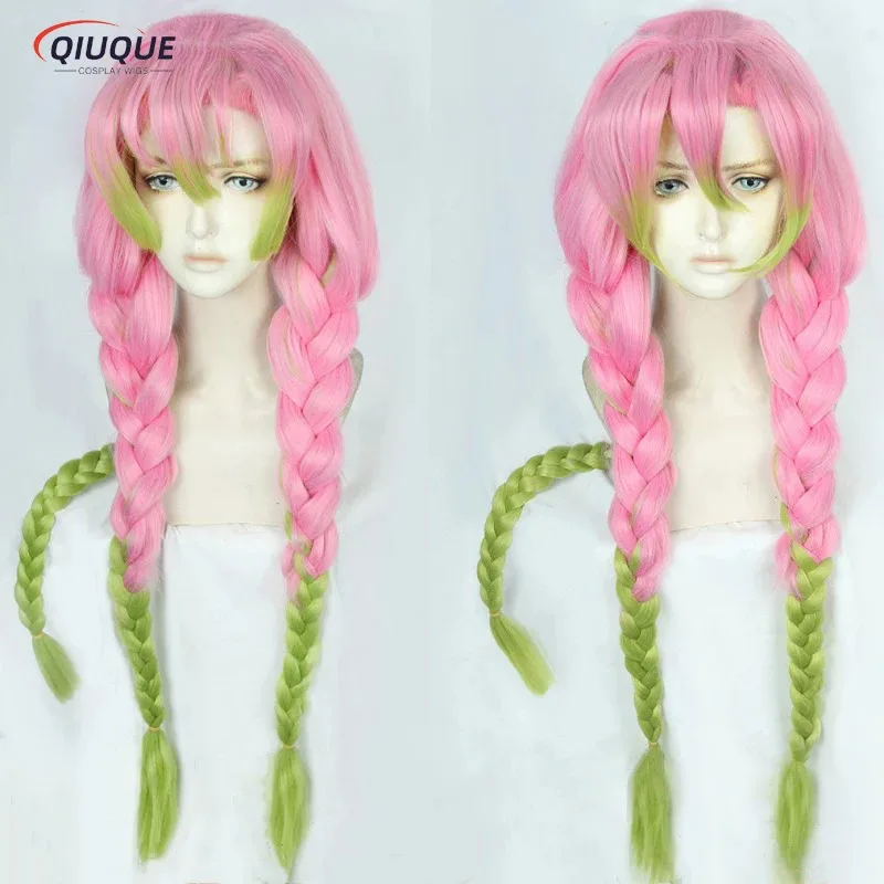 

2025 иiyi Высокое качество аниме Mitsuri Kanroji косплей длинные розовые зеленые термостойкие синтетические волосы + шапочка для парика