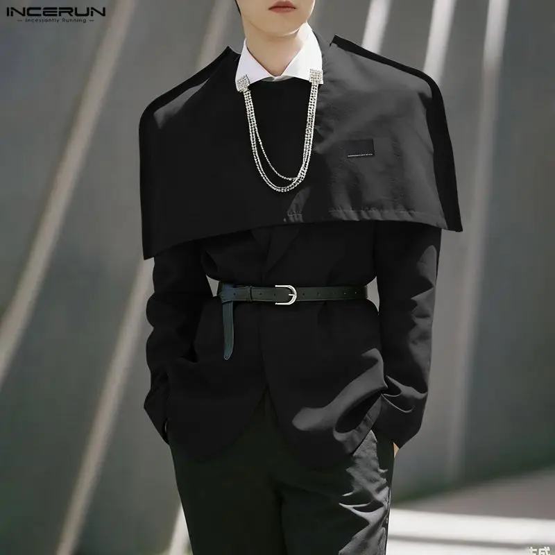 INCERUN Men Irregular Blazer Solid Lapel Long Sleeve Button Male Suit Cloak Ponchos Streetwear Personality Fashion Thin Coats