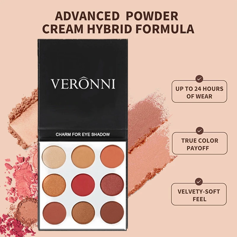 Paleta de sombras de ojos VERONNI de 9 colores: acabados mate y brillantes, tonos profundos para looks atrevidos, paleta versátil en colores tierra, pigmento rico