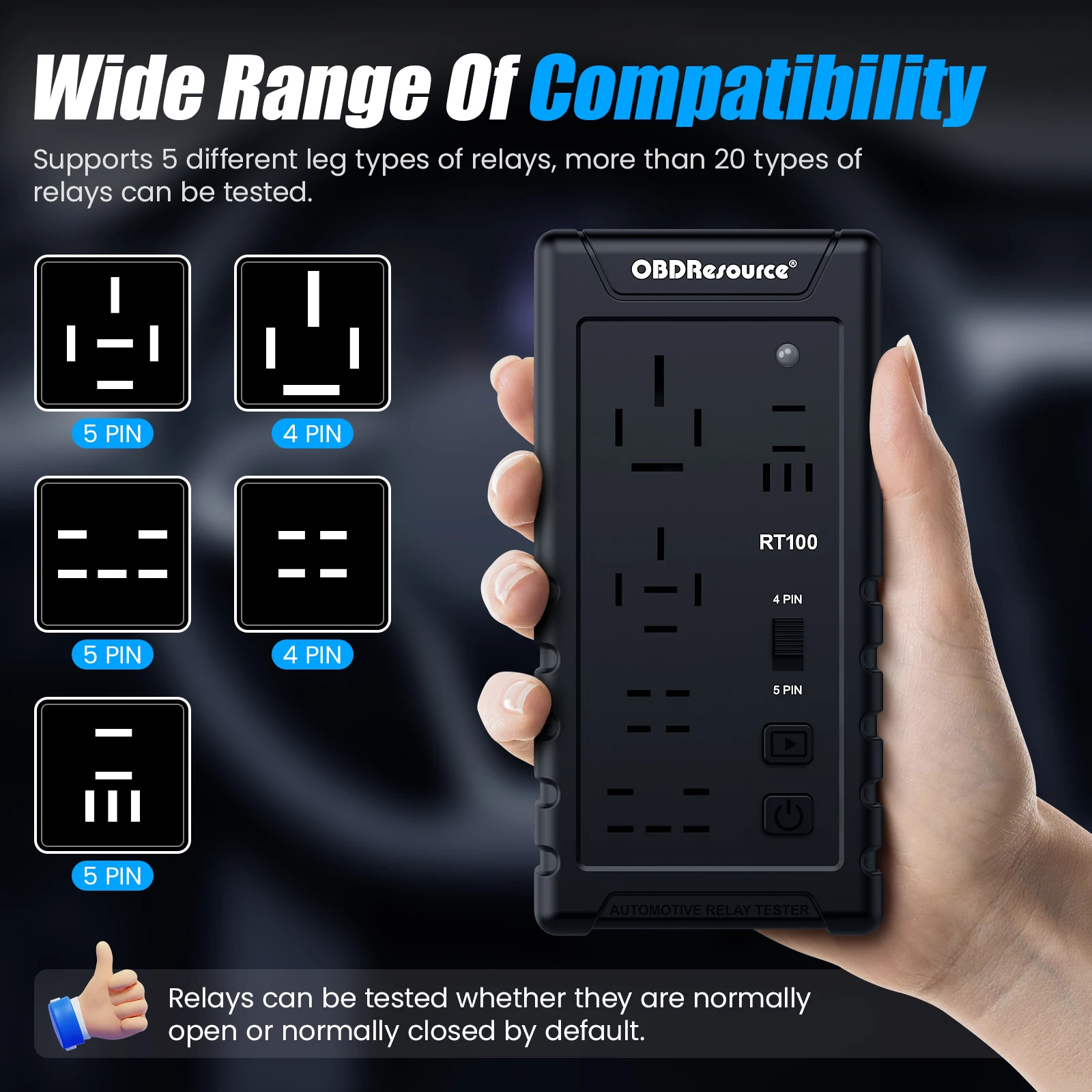 Automotive Relay Tester RT100 Compact Cordless Super 4Pin and 5Pin Relay Tester for 12 &24V Recognition Automatic Relay Tester