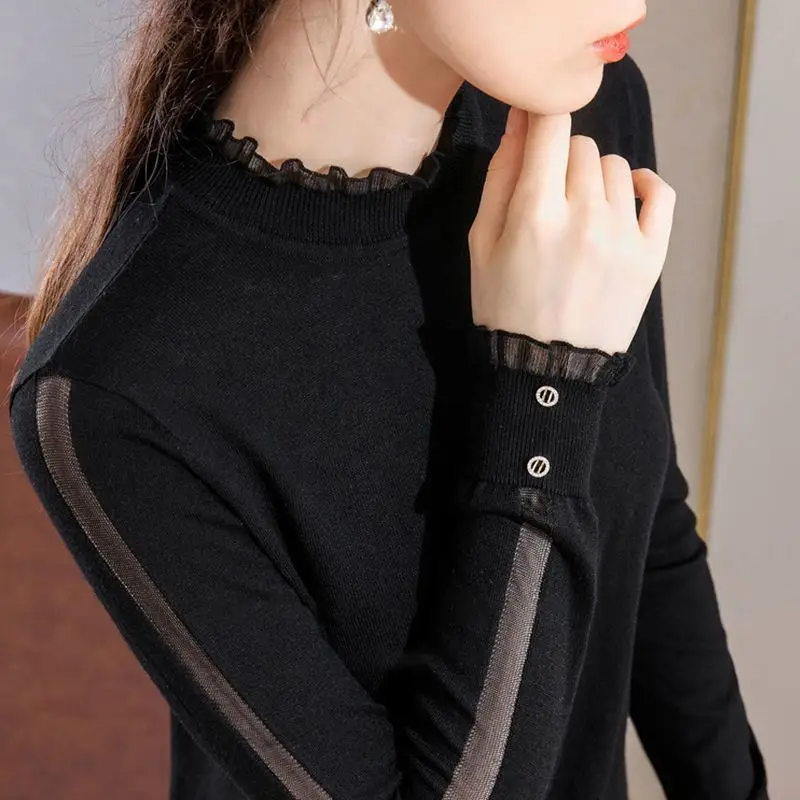 2023 New Autumn and Winter Fashion Half High Collar Wooden Ear Edge Knitted Long Sleeve Temperament Commuter Women\'s Sweater